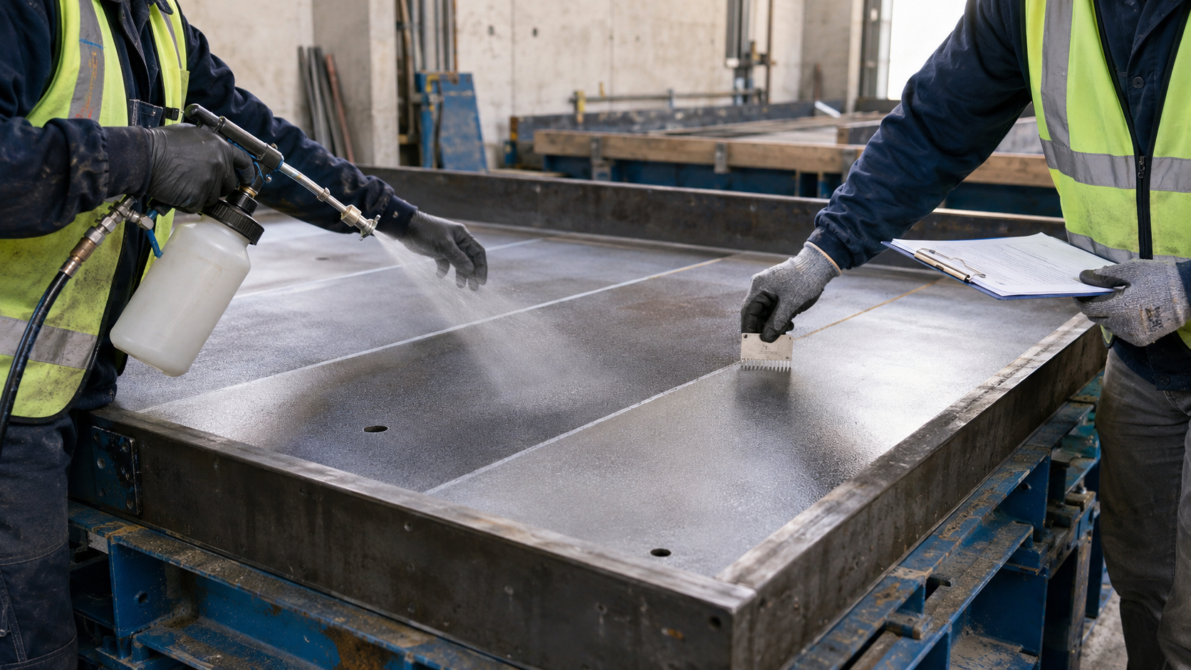 Release agent spraying on concrete formwork